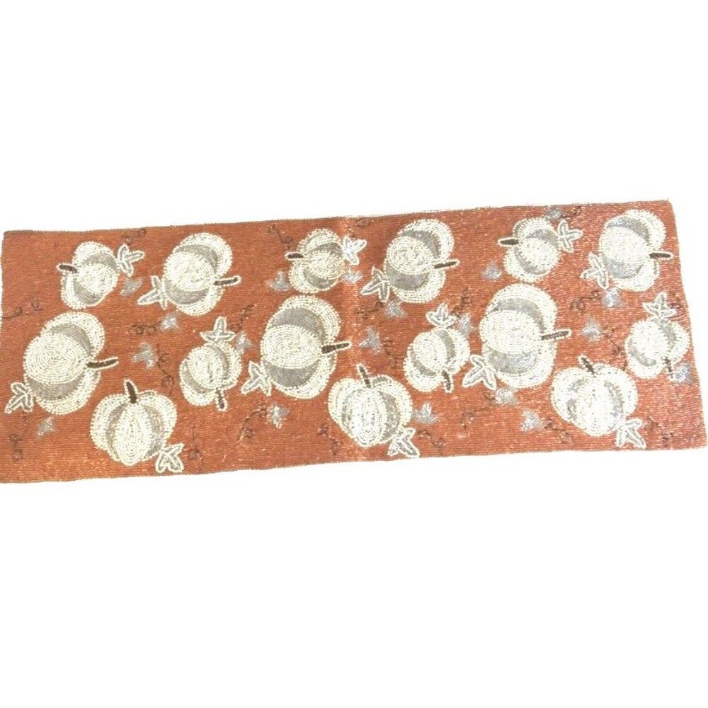 Rachel Roy Thanksgiving Table Runner 36x13 White Pumpkin Beaded Fall Decor